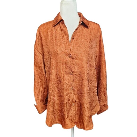 House of Harlow 1960 Blouse Womens Burnt Orange Crinkle Texture Oversized Tunic - Picture 1 of 12